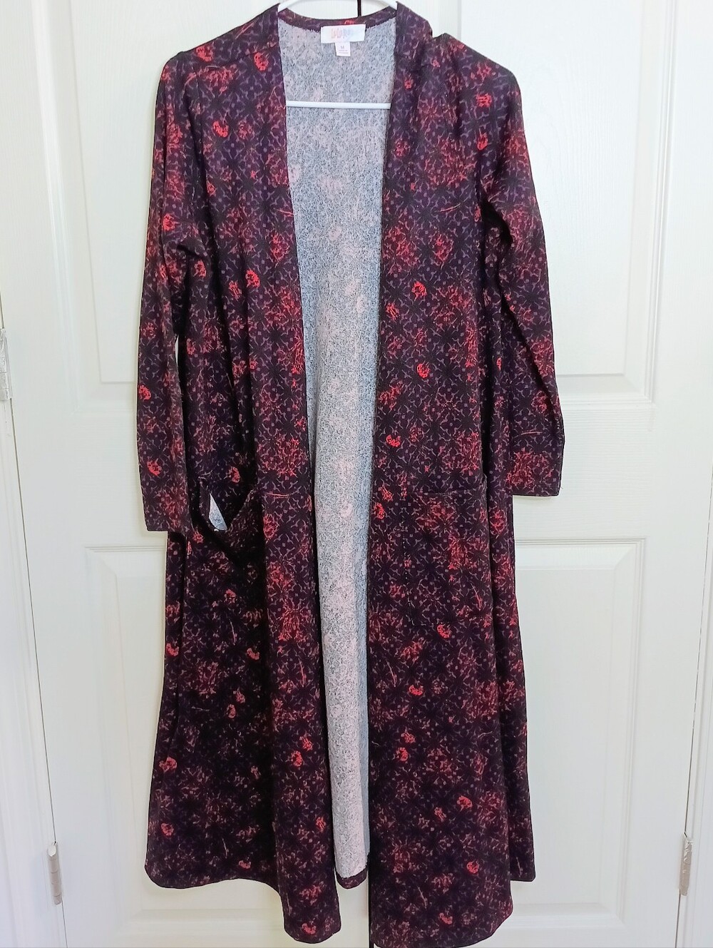 LuLaRoe Cardigan Duster Women M Pink Black Floral Open Front Long Sleeve Good